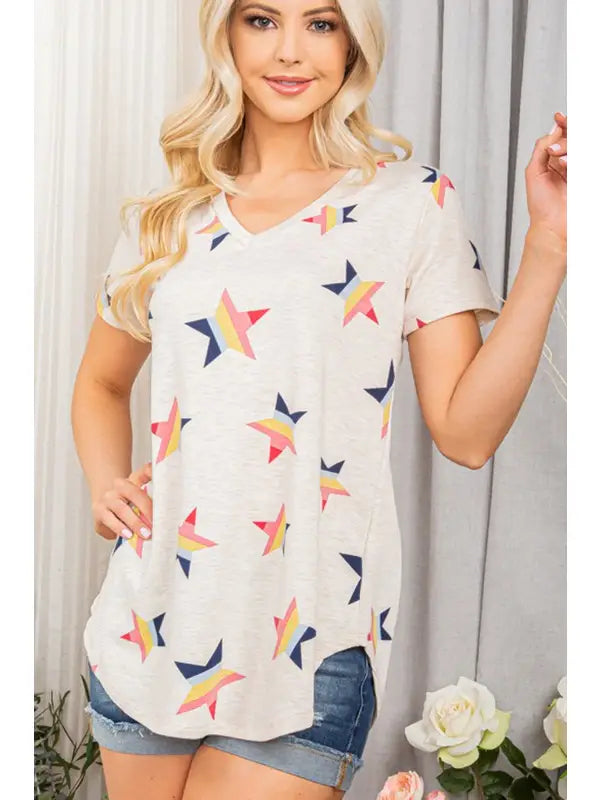 OFF WHITE RAINBOW STARS PRINT SHORT SLEEVES TUNIC TOP HMST1565-13