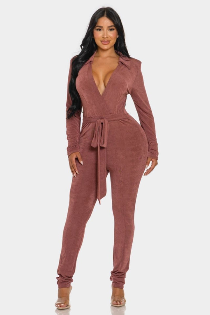 MARSALA V-NECK TIE-WAIST LONG SLEEVES JUMPSUIT SHP9639J