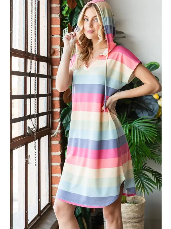 MULTICOLOR STRIPES DOLMAN SLEEVES W/POCKETS HOODIE MINI DRESS HMED6808-11