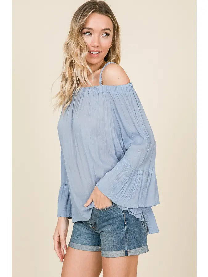 MISTY BLUE OFF SHOULDER LONG RUFFLED SLEEVES WOVEN TOP HMT1102