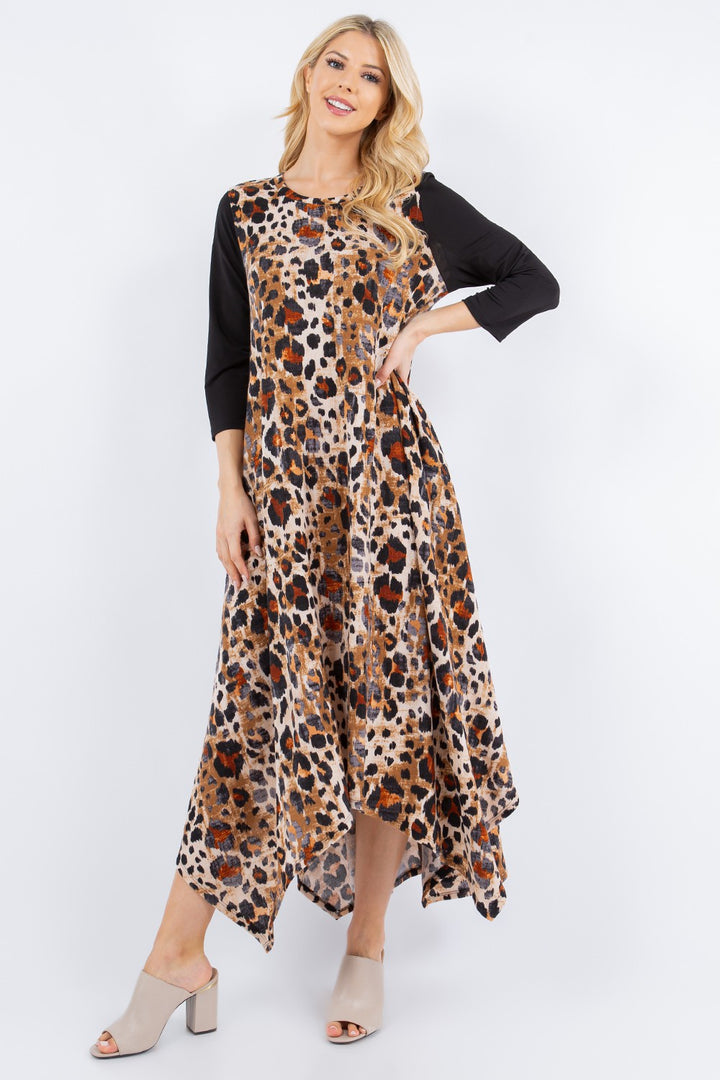 BROWN ANIMAL PRINT W/SIDE POCKETS HI-LO MAXI DRESS DVL5809