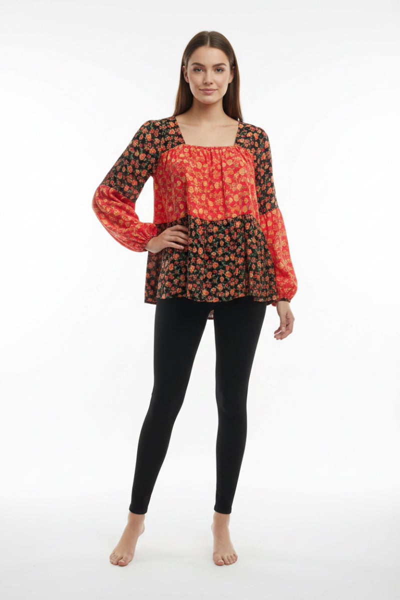 FLORAL CONTRAST PRINT LONG SLEEVE TOP*