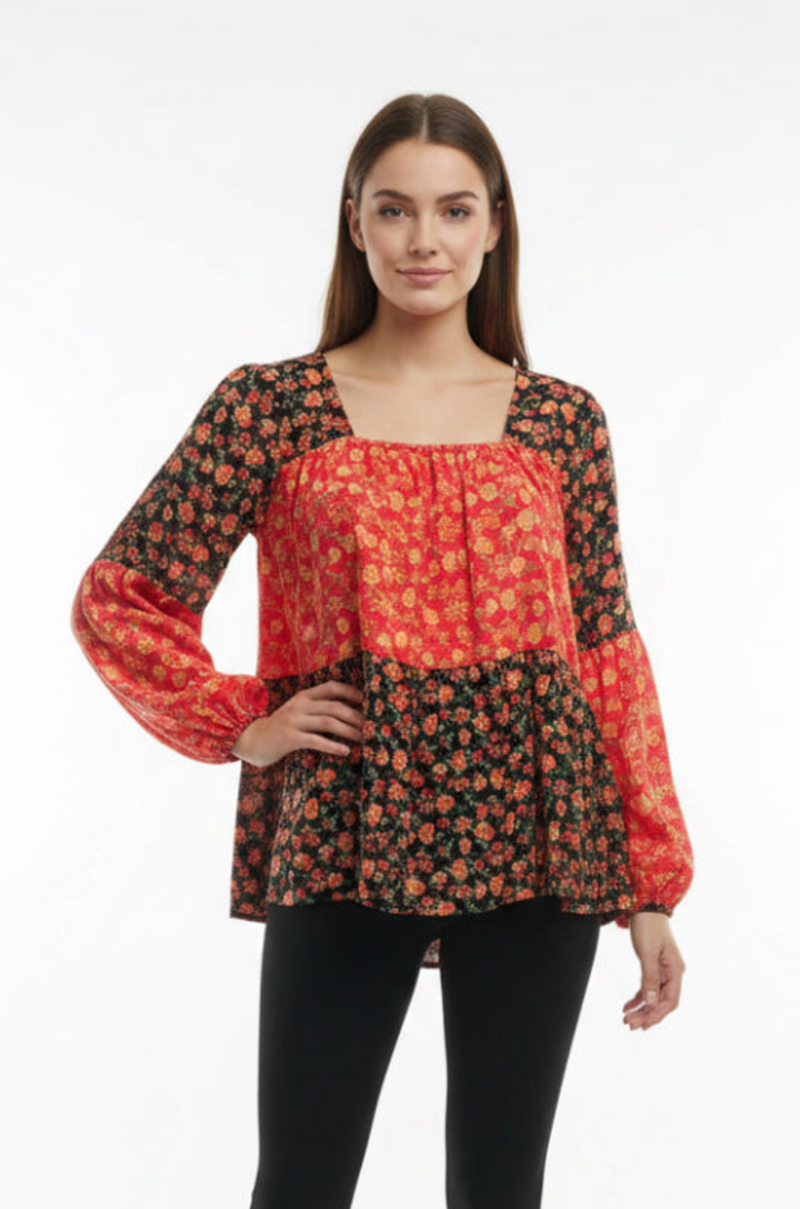 FLORAL CONTRAST PRINT LONG SLEEVE TOP*