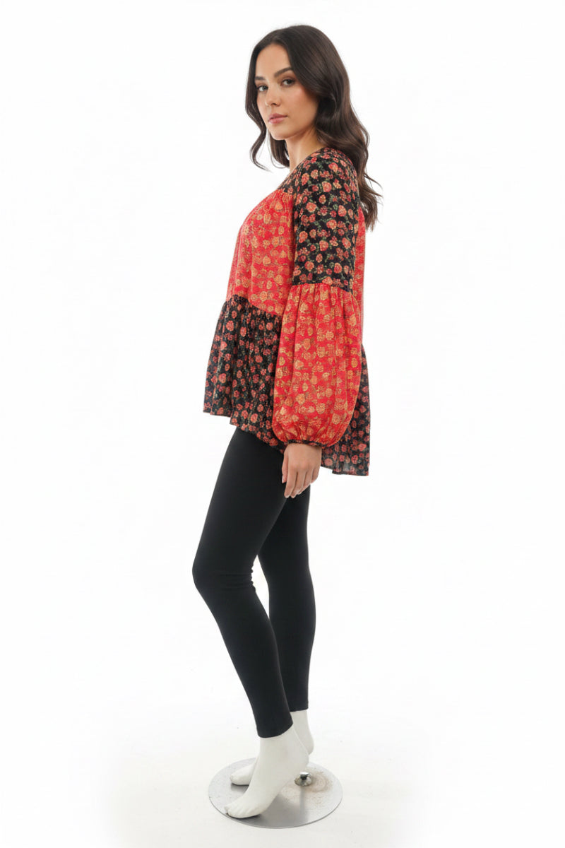 FLORAL CONTRAST PRINT LONG SLEEVE TOP*