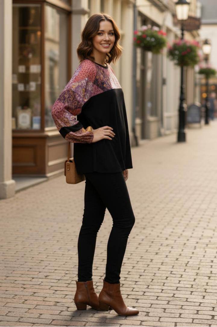 MOROCCAN PRINT SELF CONTRAST LONG SLEEVE T5352