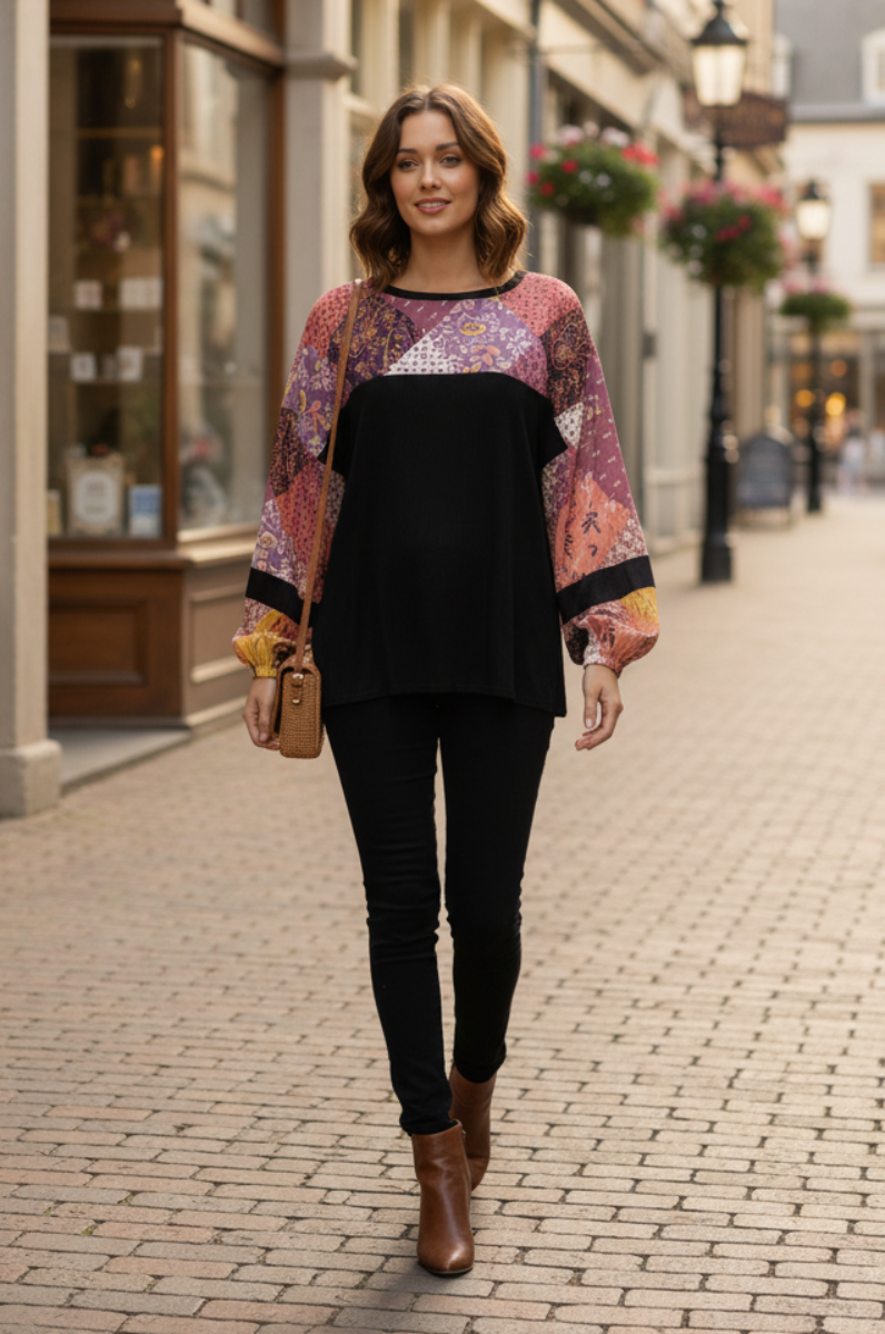 MOROCCAN PRINT SELF CONTRAST LONG SLEEVE T5352