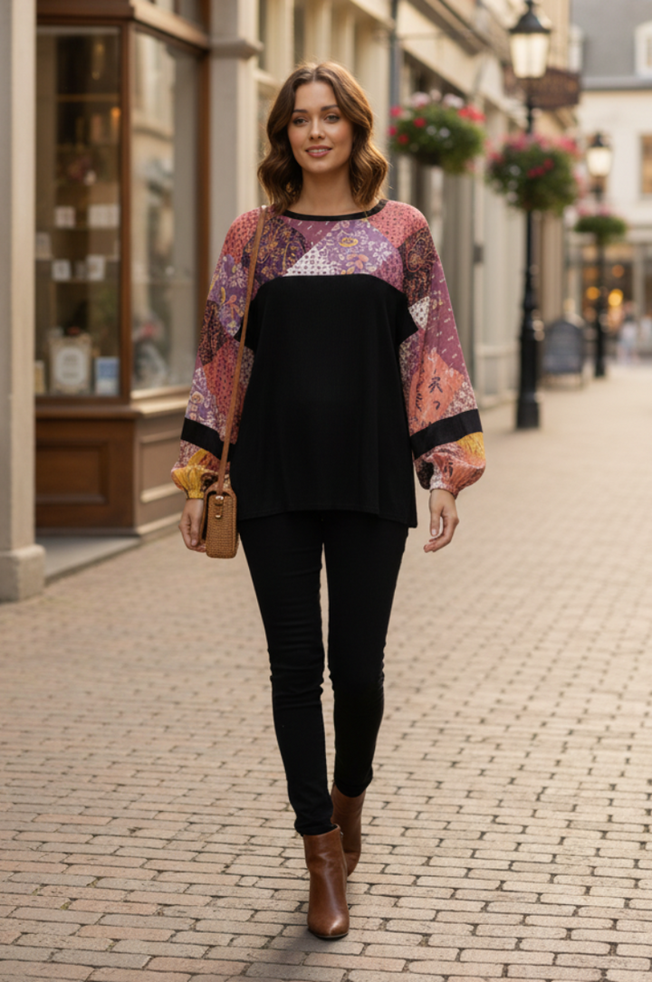 MOROCCAN PRINT SELF CONTRAST LONG SLEEVE T5352