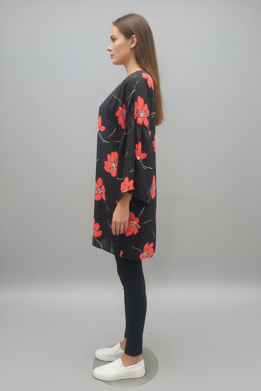 BLACK TROPICAL PRINT WATERFALL STYLE COVER UP*