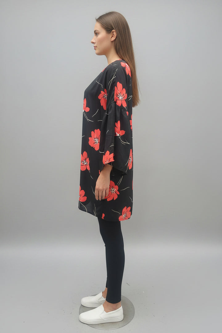BLACK TROPICAL PRINT WATERFALL STYLE COVER UP*