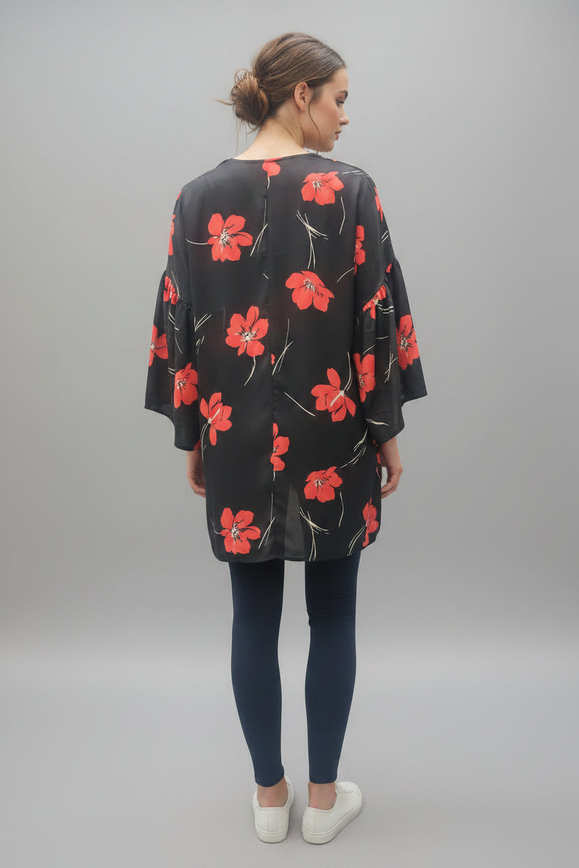 BLACK TROPICAL PRINT WATERFALL STYLE COVER UP*