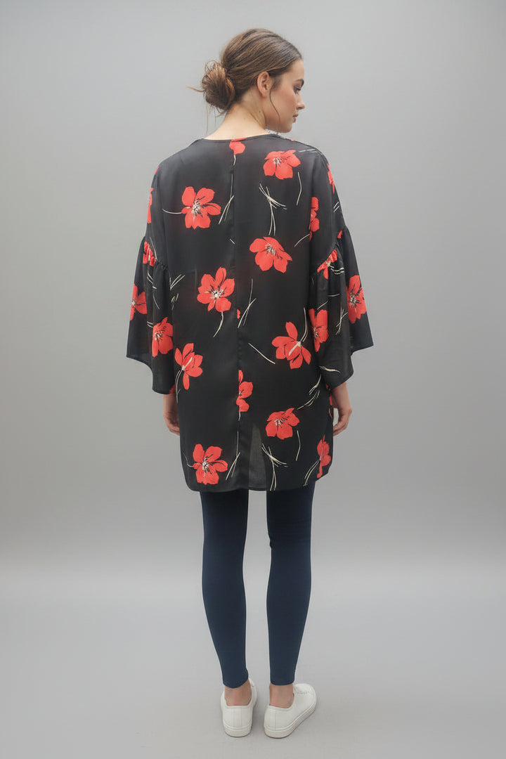 BLACK TROPICAL PRINT WATERFALL STYLE COVER UP*