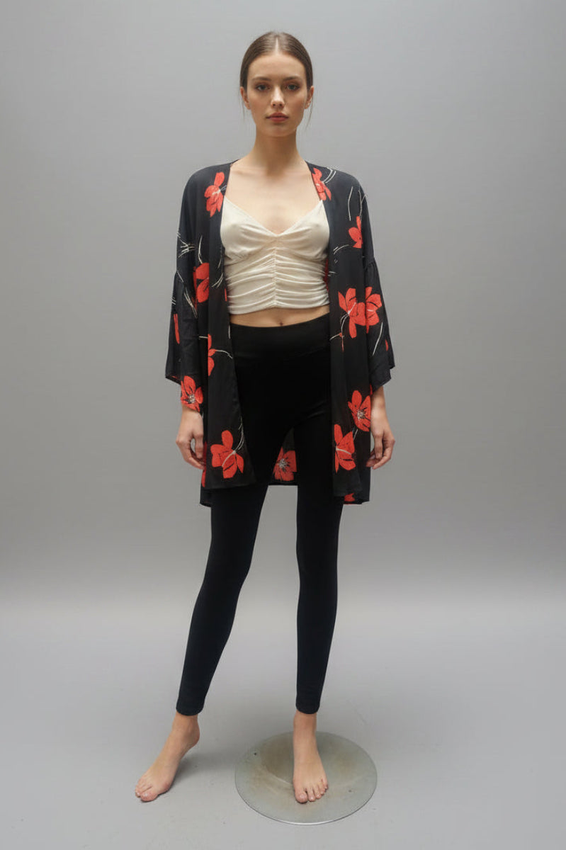 BLACK TROPICAL PRINT WATERFALL STYLE COVER UP*