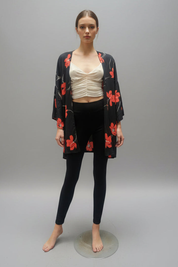 BLACK TROPICAL PRINT WATERFALL STYLE COVER UP*