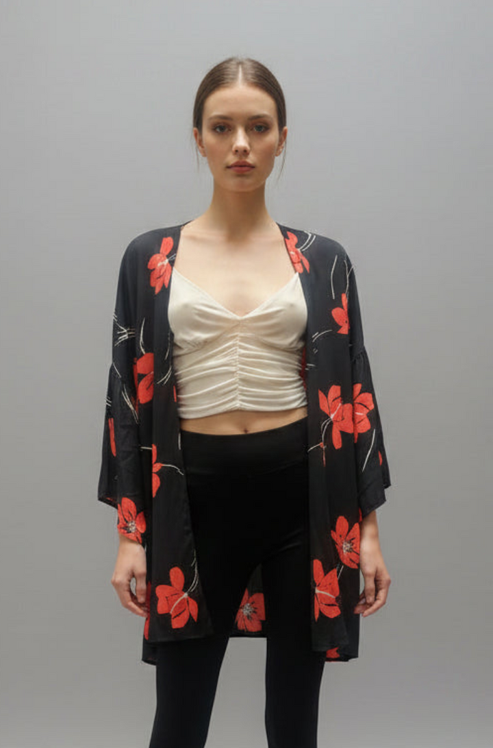 BLACK TROPICAL PRINT WATERFALL STYLE COVER UP*