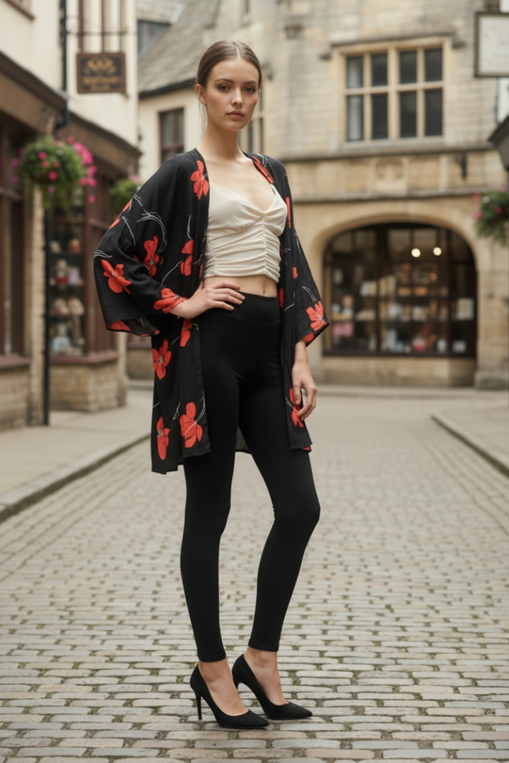 BLACK TROPICAL PRINT WATERFALL STYLE COVER UP*