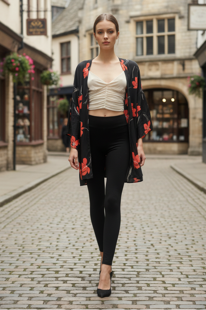 BLACK TROPICAL PRINT WATERFALL STYLE COVER UP*