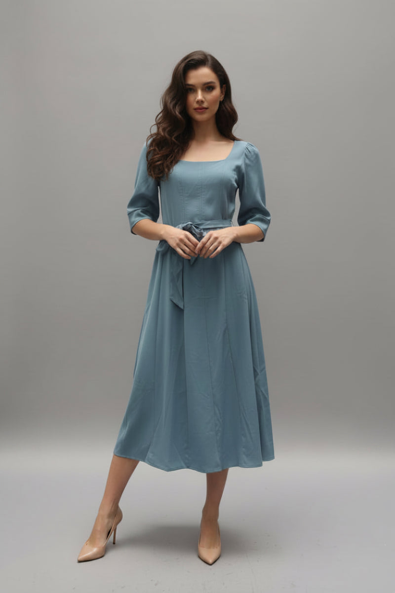 SQUARE NECK 3/4 SLEEVE BELTED MIDI DRESS