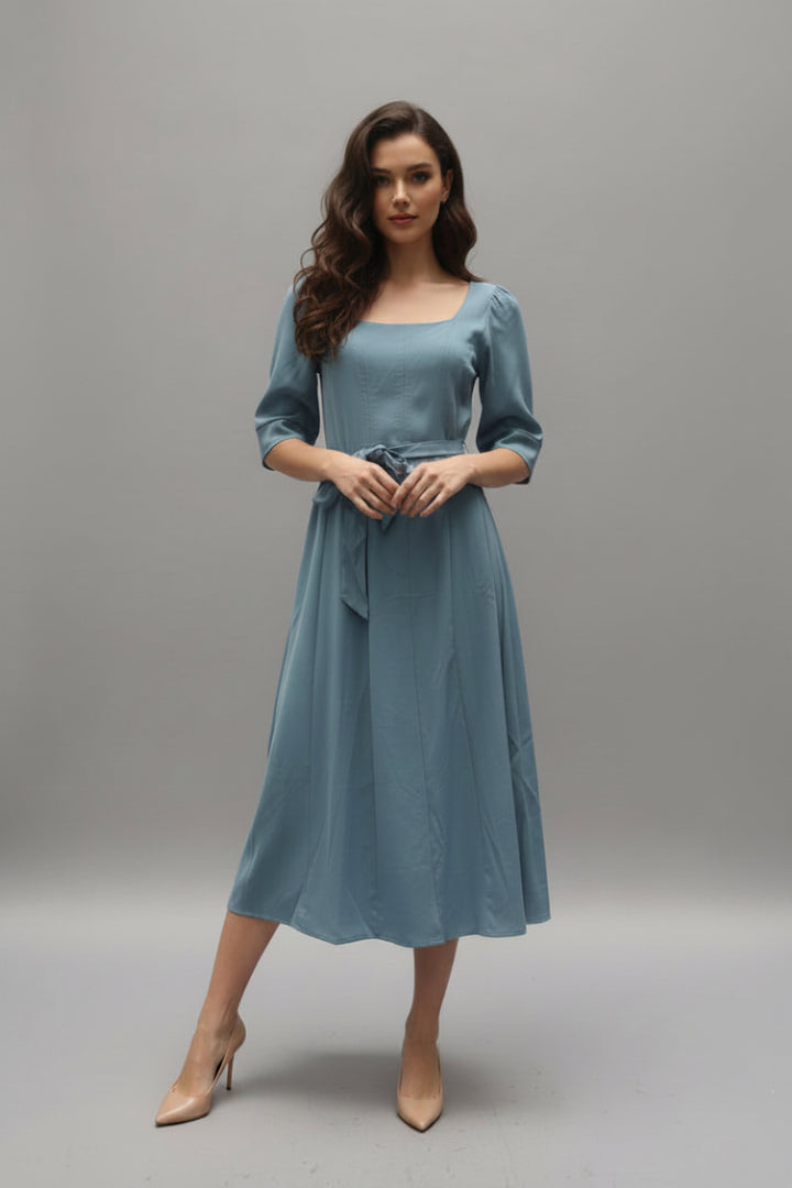 SQUARE NECK 3/4 SLEEVE BELTED MIDI DRESS