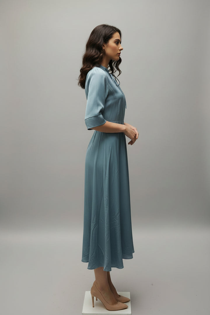SQUARE NECK 3/4 SLEEVE BELTED MIDI DRESS