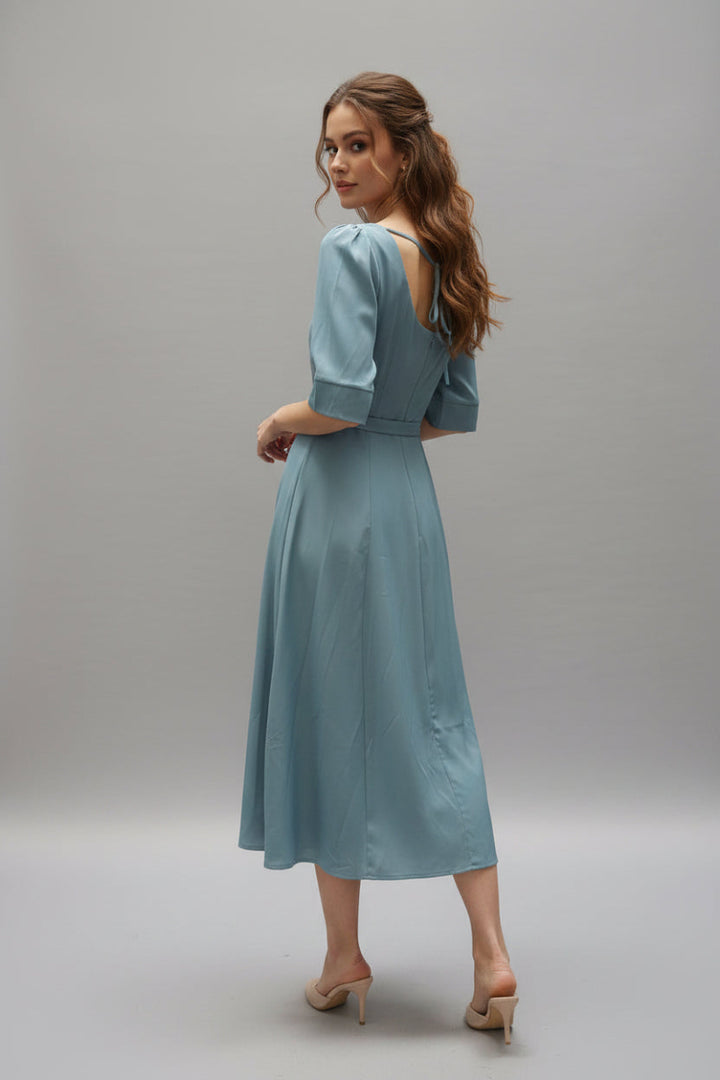 SQUARE NECK 3/4 SLEEVE BELTED MIDI DRESS