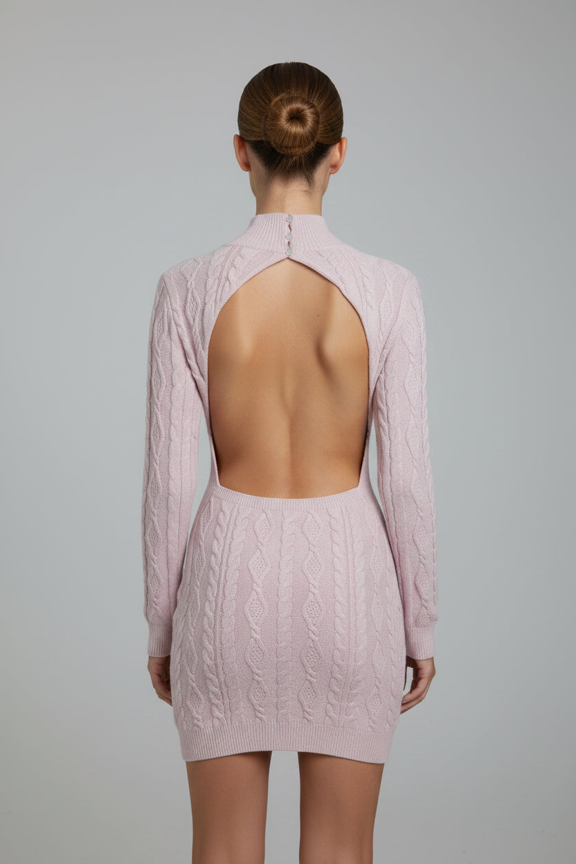 DUSTY PINK TURTLE NECK OPEN BACK DRESS. OWD3347