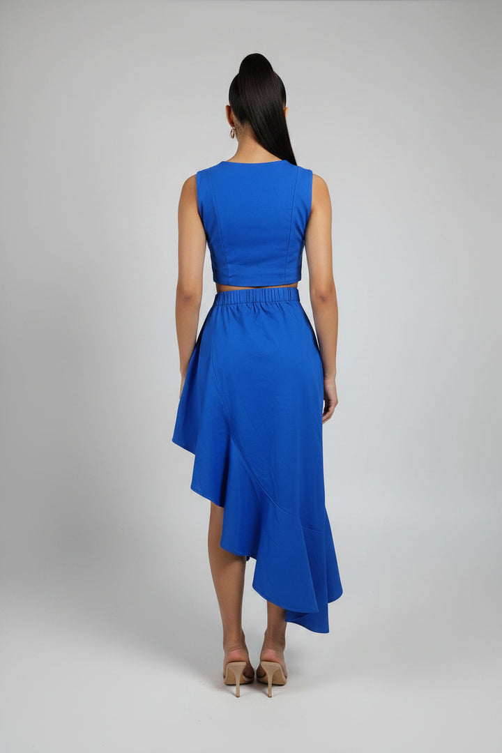 SOLID SLEEVELESS CROP TOP AND WIDE FLARE SKIRT SET. CWCS34045