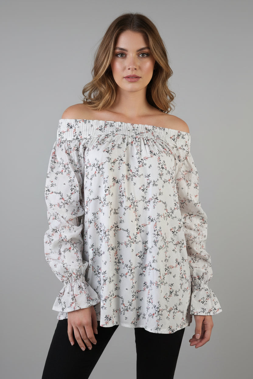 LONG SLEEVE WHITE FLOWER PRINT T5475