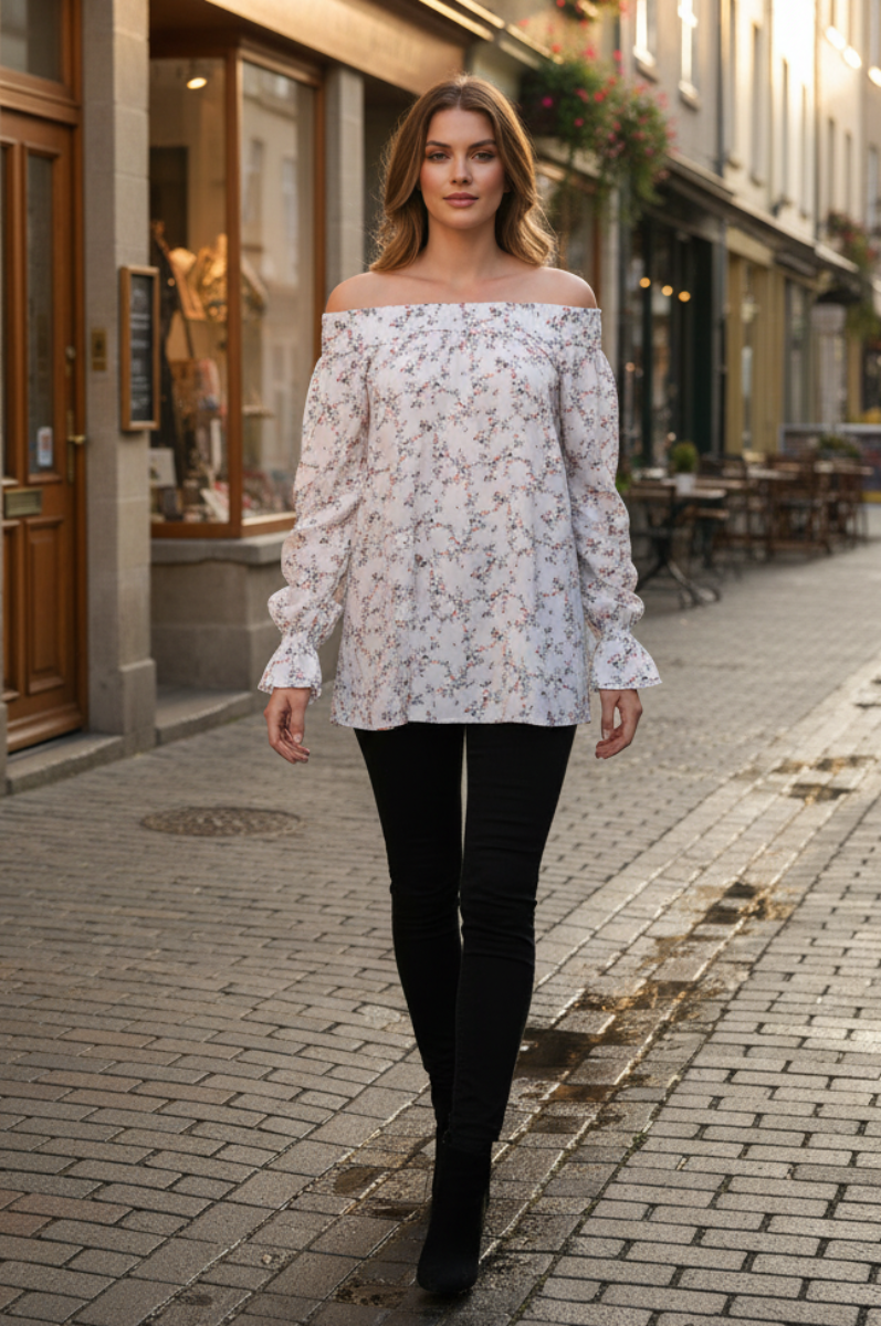 LONG SLEEVE WHITE FLOWER PRINT T5475