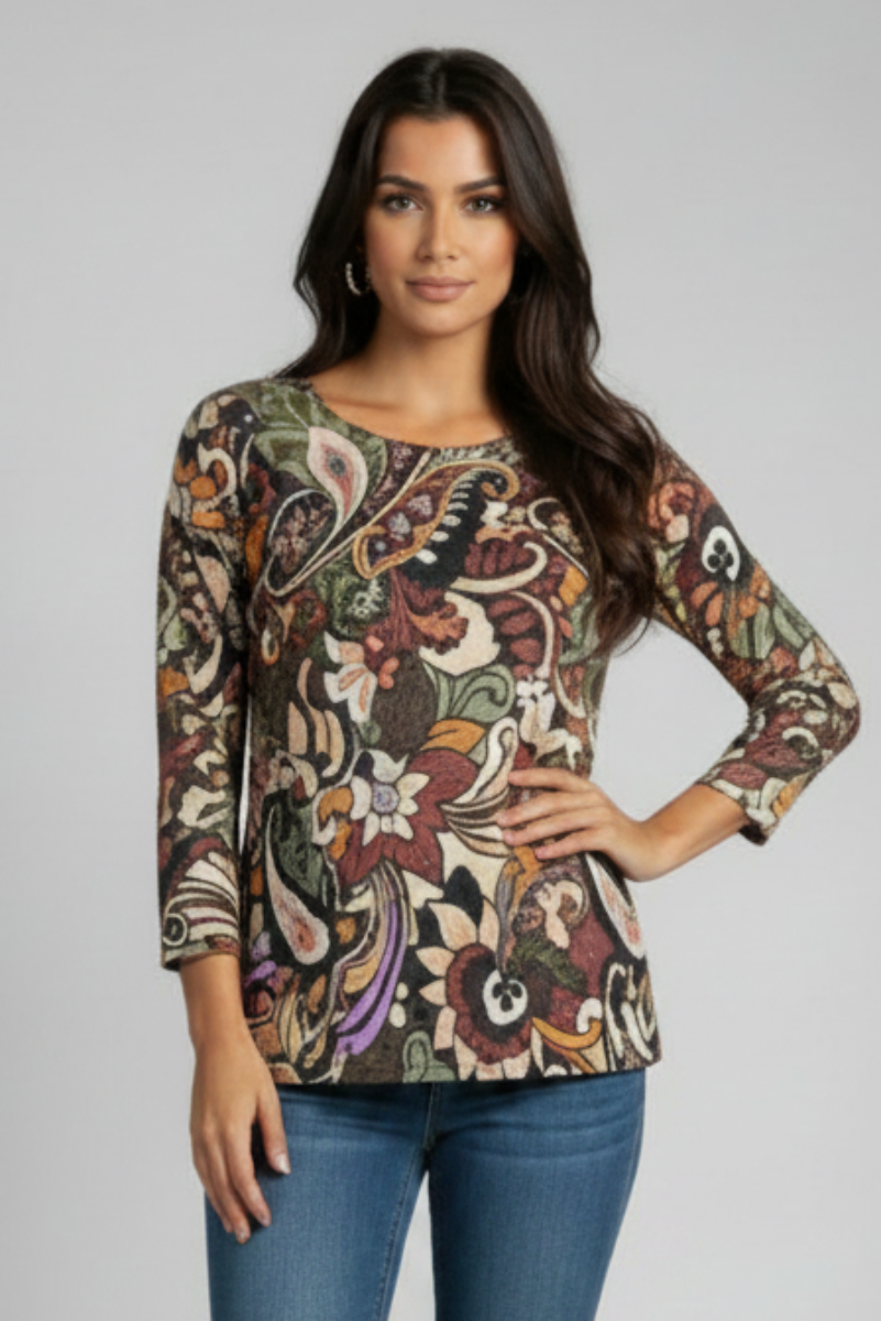 PAISLEY FLORAL PRINT 3/4 SLEEVE TUNIC TOP B52917.