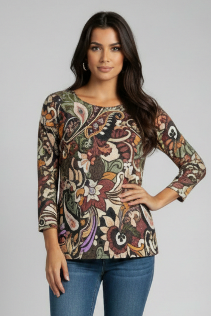 PAISLEY FLORAL PRINT 3/4 SLEEVE TUNIC TOP B52917.