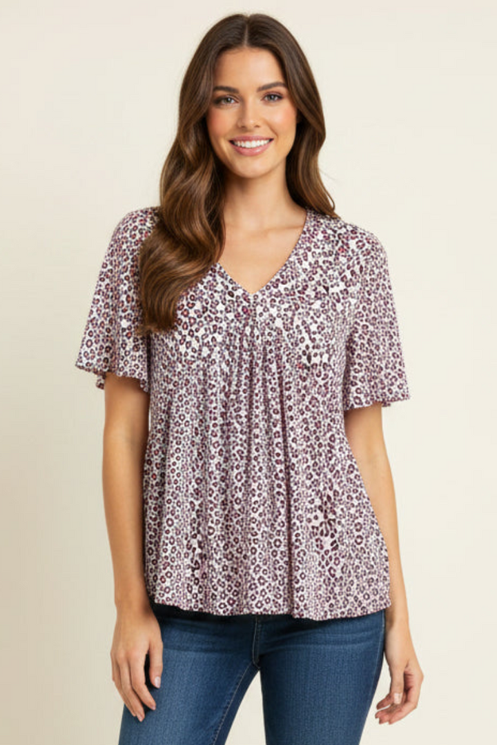 HALF SLEEVE CRISSCROSS V NECK SOLID BABYDOLL TOP-HMET6117