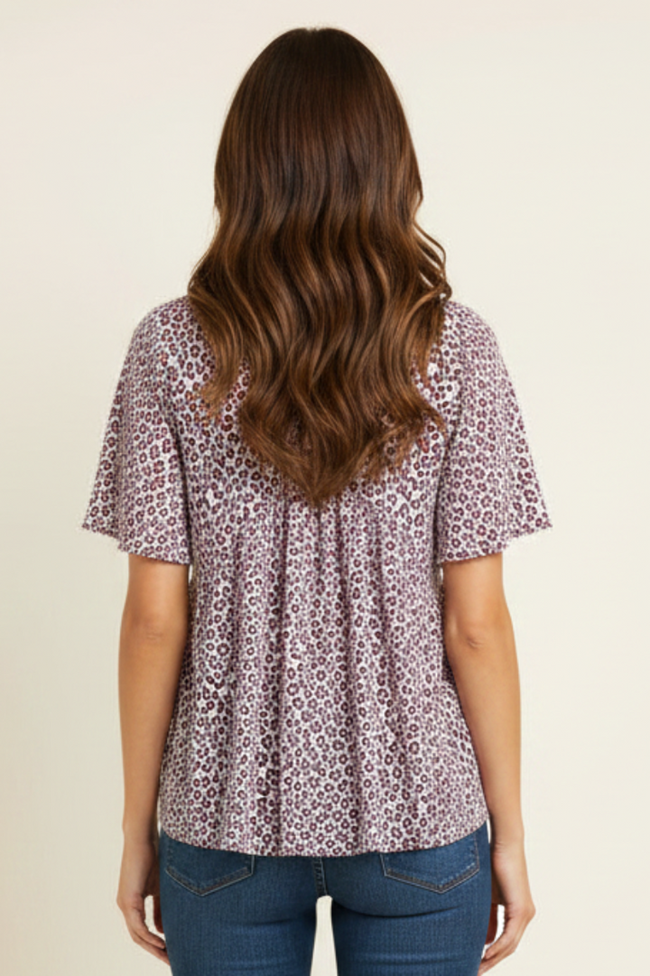 HALF SLEEVE CRISSCROSS V NECK SOLID BABYDOLL TOP-HMET6117