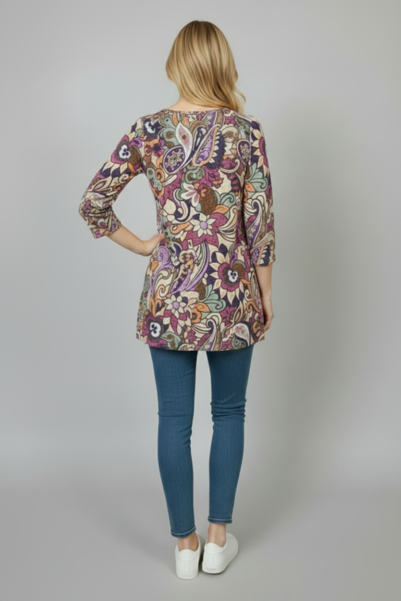 PAISLEY FLORAL PRINT 3/4 SLEEVE TUNIC TOP B52917-