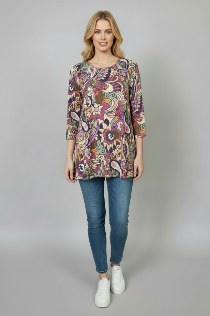 PAISLEY FLORAL PRINT 3/4 SLEEVE TUNIC TOP B52917-