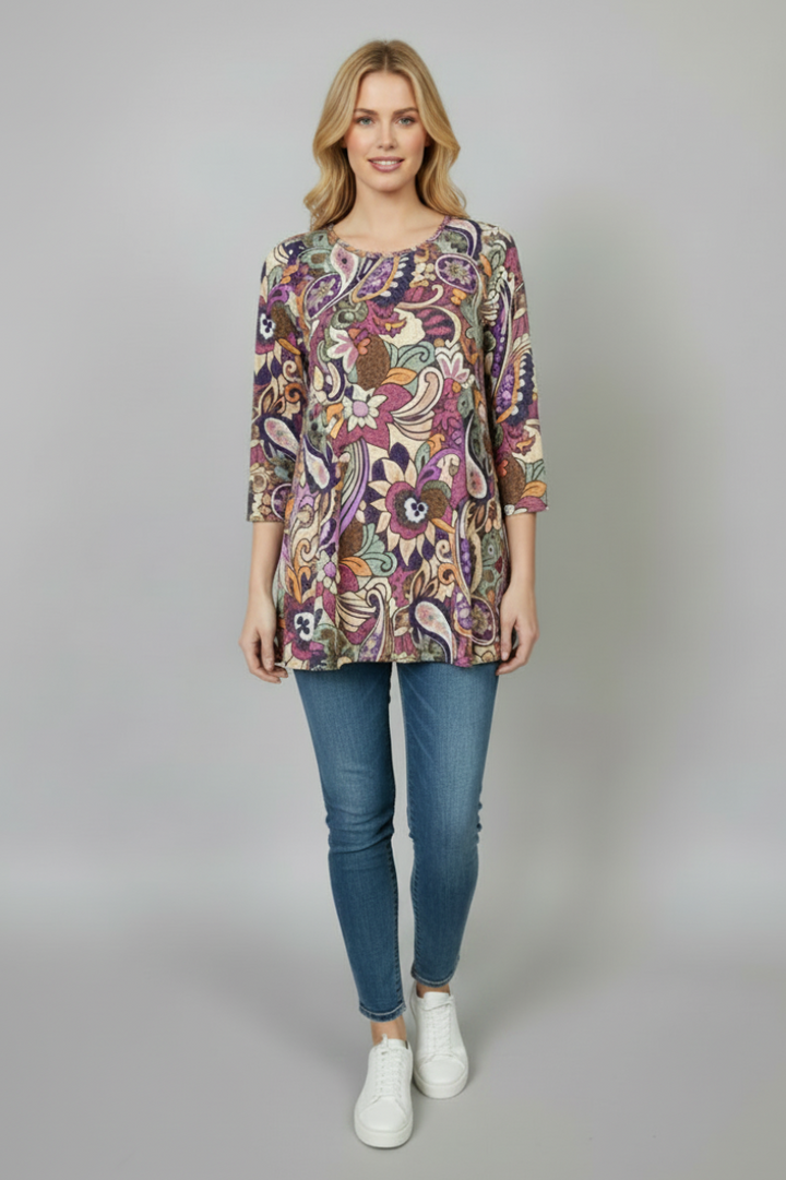PAISLEY FLORAL PRINT 3/4 SLEEVE TUNIC TOP B52917-
