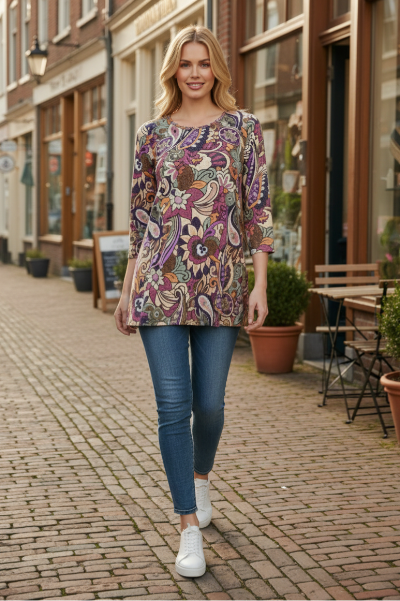 PAISLEY FLORAL PRINT 3/4 SLEEVE TUNIC TOP B52917-