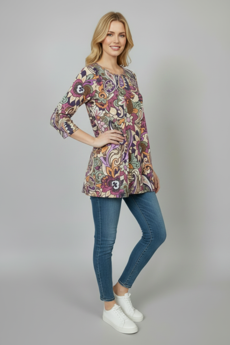 PAISLEY FLORAL PRINT 3/4 SLEEVE TUNIC TOP B52917-