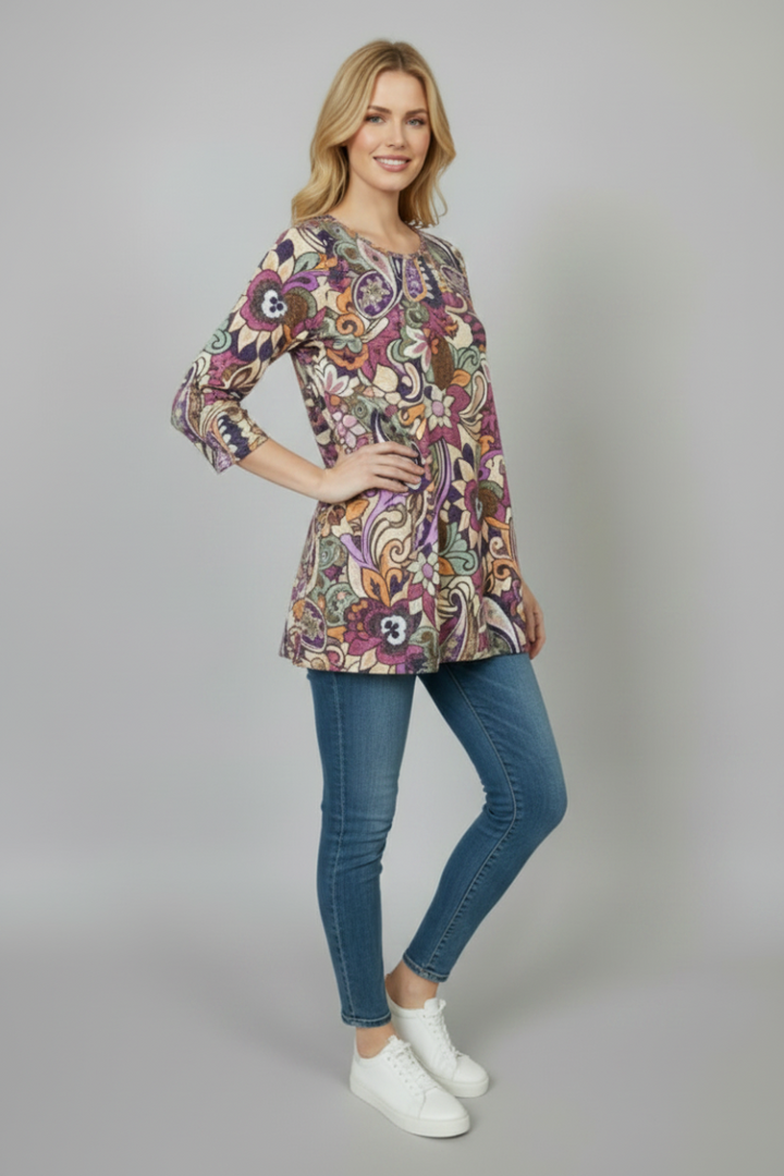 PAISLEY FLORAL PRINT 3/4 SLEEVE TUNIC TOP B52917-