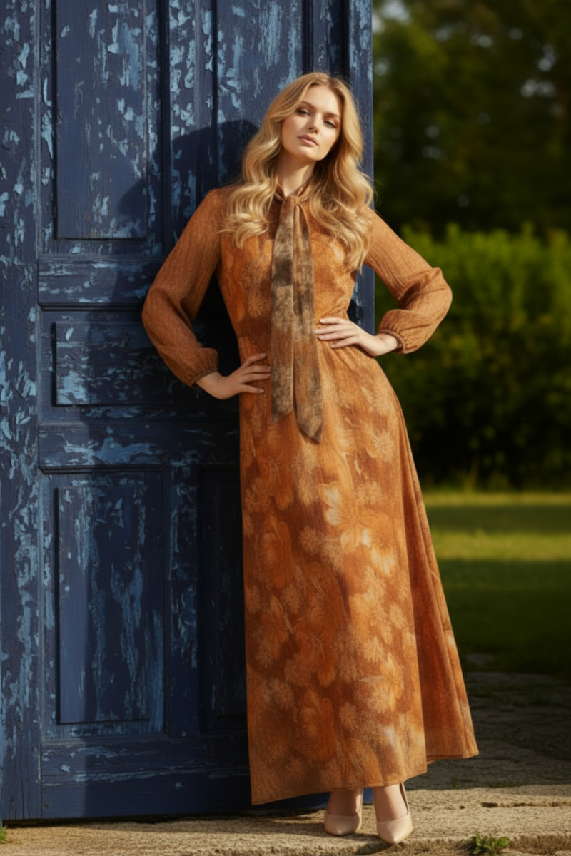 TIE-NECK LONG SLEEVE MAXI DRESS VL5959-2-