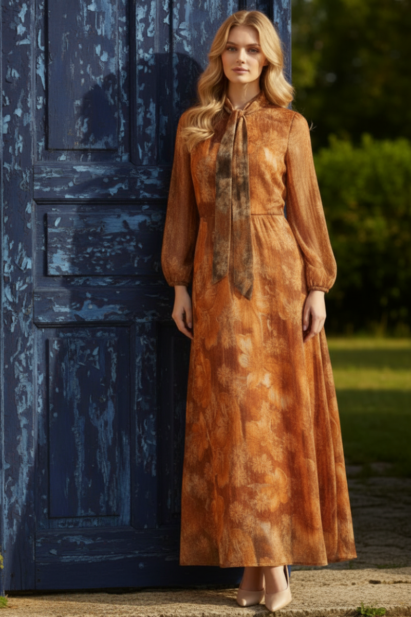 TIE-NECK LONG SLEEVE MAXI DRESS VL5959-2-
