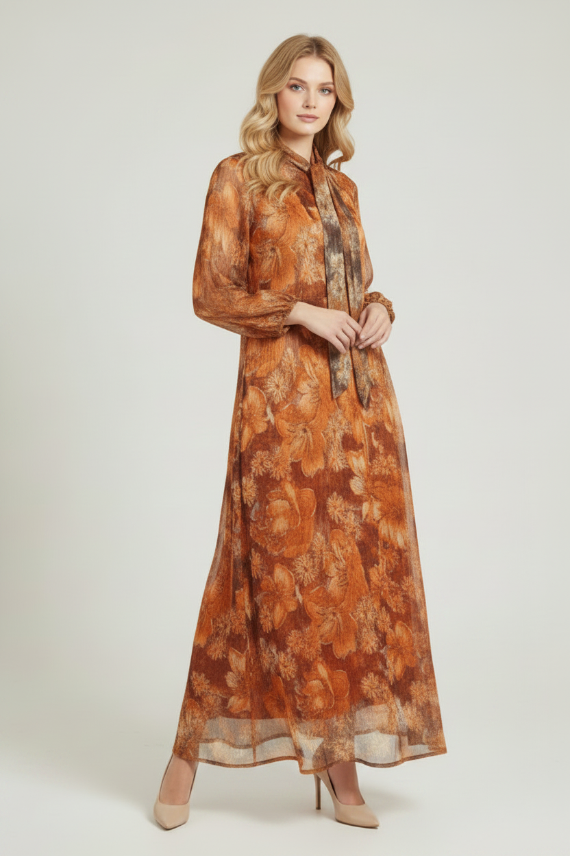 TIE-NECK LONG SLEEVE MAXI DRESS VL5959-2-