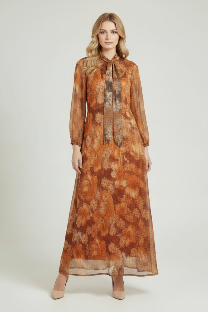 TIE-NECK LONG SLEEVE MAXI DRESS VL5959-2-