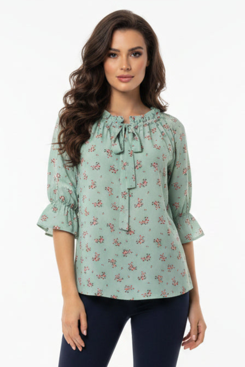 FLORAL PRINT TIE-NECK RUFFLED SLEEVE TOP T5424-