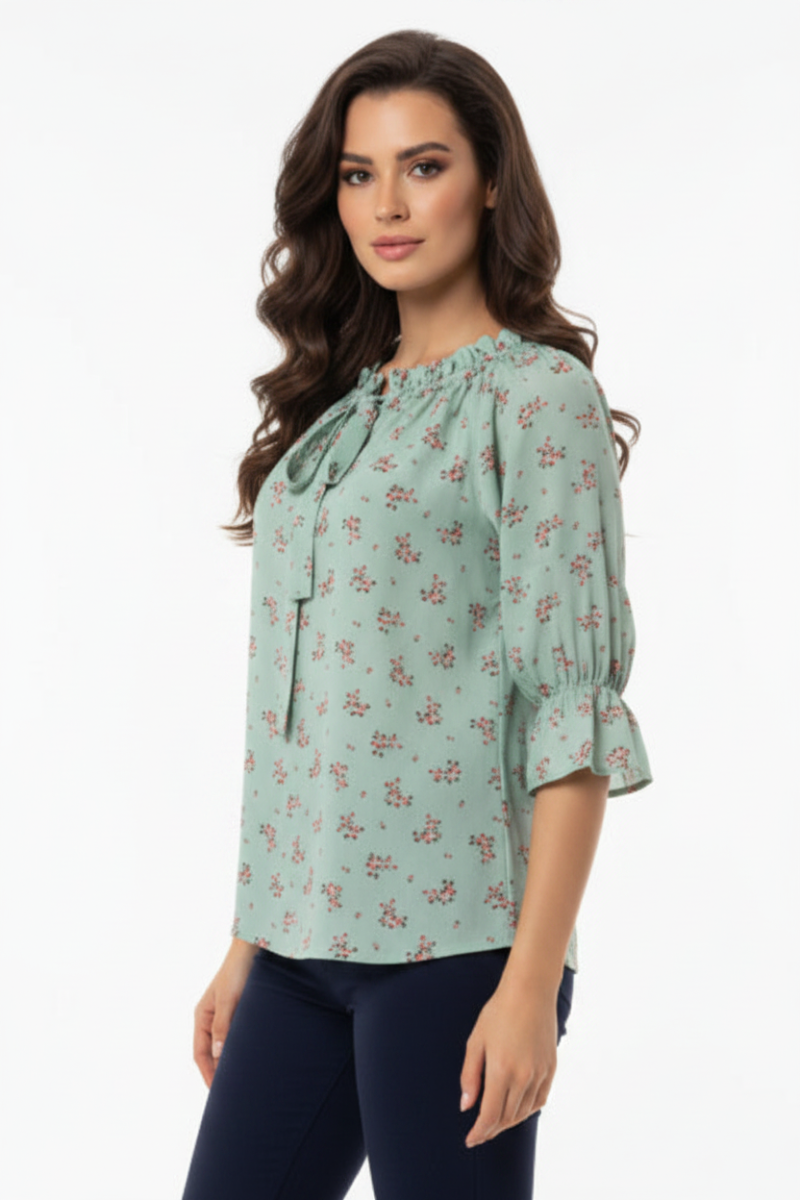 FLORAL PRINT TIE-NECK RUFFLED SLEEVE TOP T5424-
