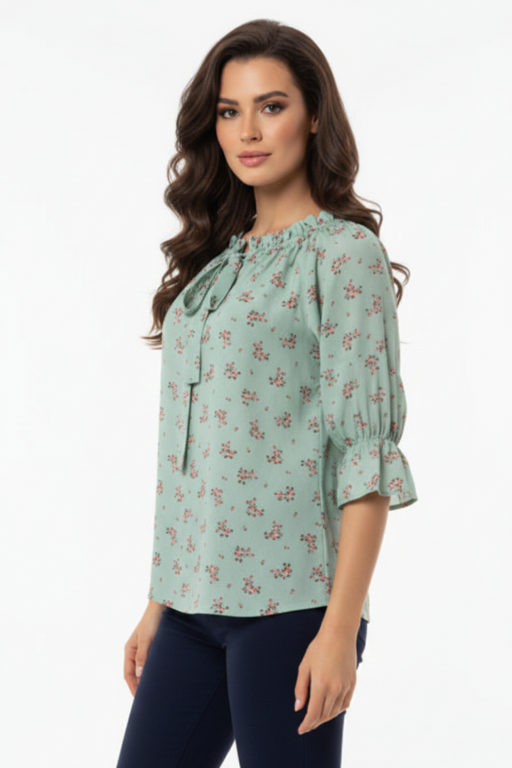 FLORAL PRINT TIE-NECK RUFFLED SLEEVE TOP T5424-