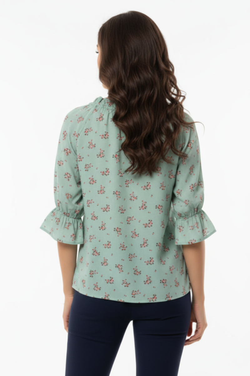 FLORAL PRINT TIE-NECK RUFFLED SLEEVE TOP T5424-
