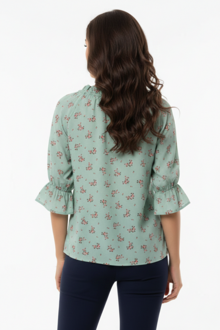 FLORAL PRINT TIE-NECK RUFFLED SLEEVE TOP T5424-