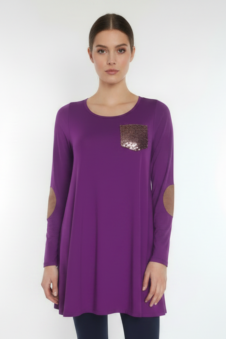 ELBOW SUEDE PATCH SLEEVE &amp; SEQUIN POCKET TUNIC TOP CT43251B-