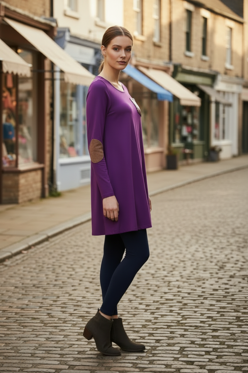ELBOW SUEDE PATCH SLEEVE &amp; SEQUIN POCKET TUNIC TOP CT43251B-