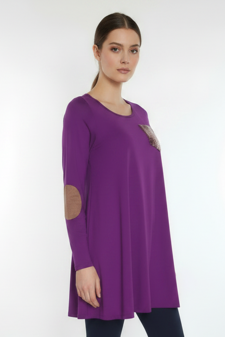 ELBOW SUEDE PATCH SLEEVE &amp; SEQUIN POCKET TUNIC TOP CT43251B-